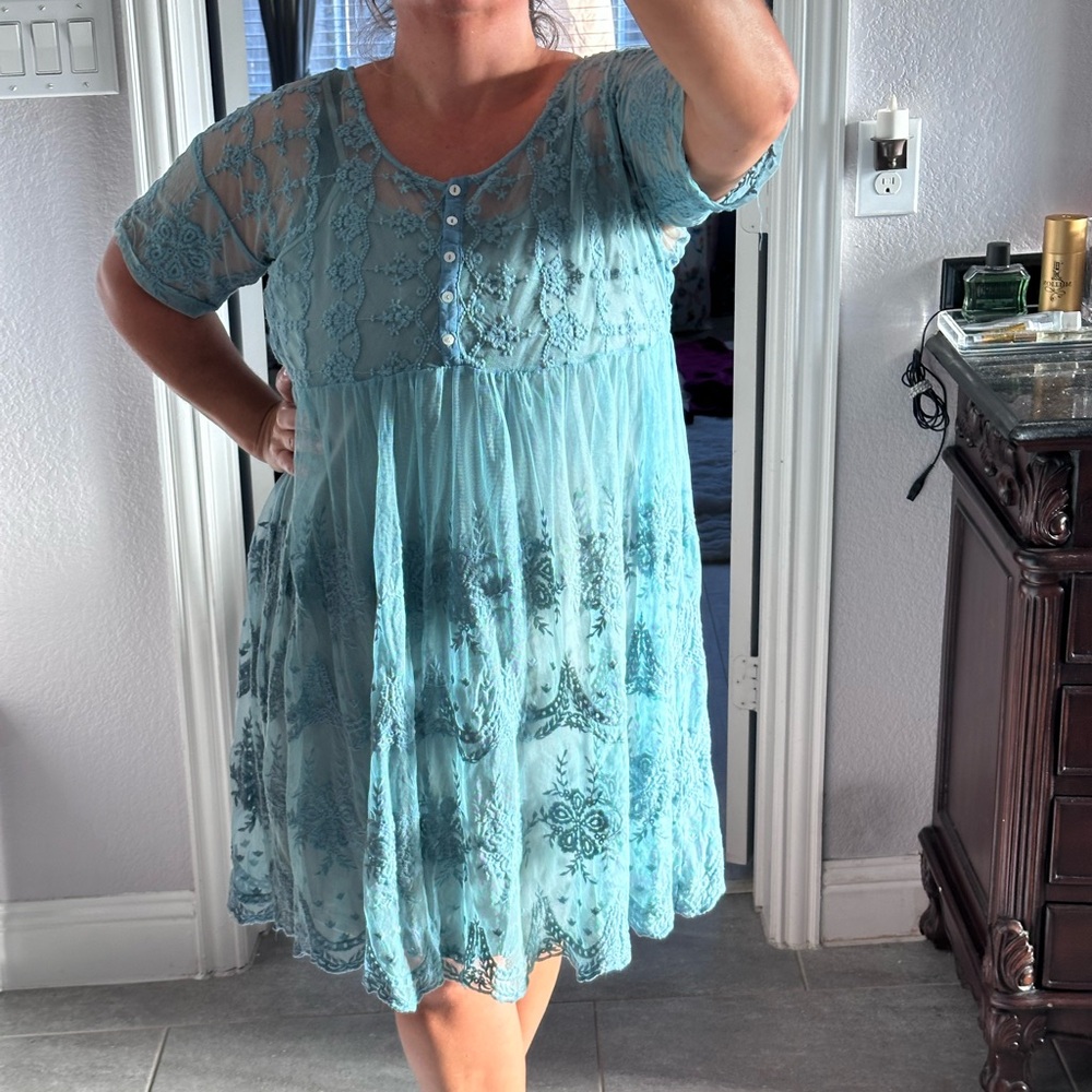 Suzanne Betro blue Lace Overlay Dress. EUC Sz XL